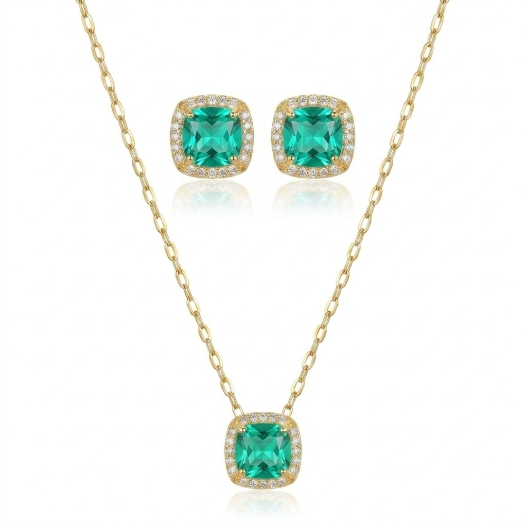 Conjunto colar e brincos com turmalina verde quadrada folheado a ouro 18k