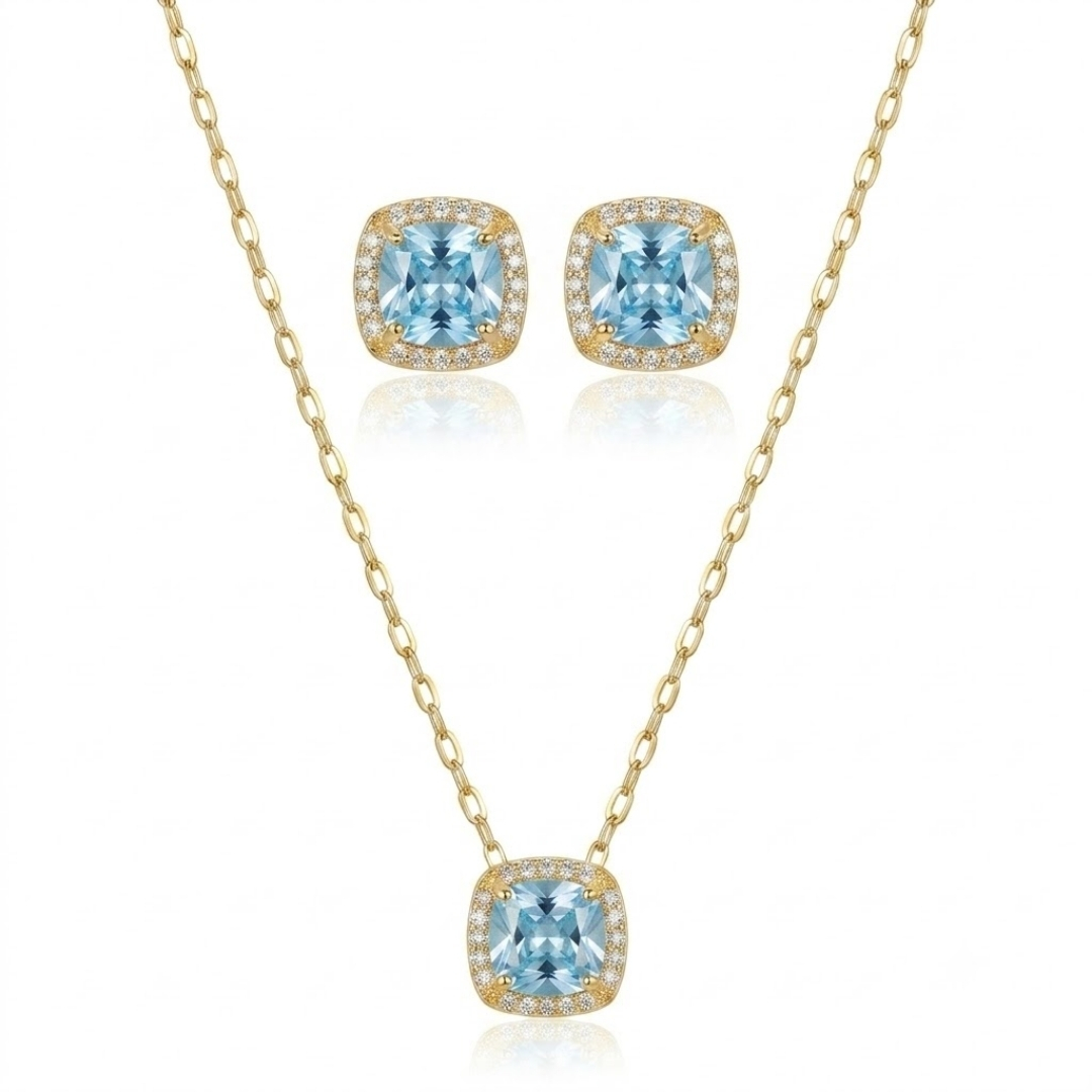 Conjunto colar e brincos com zircônia azul quadrada folheado a ouro 18k