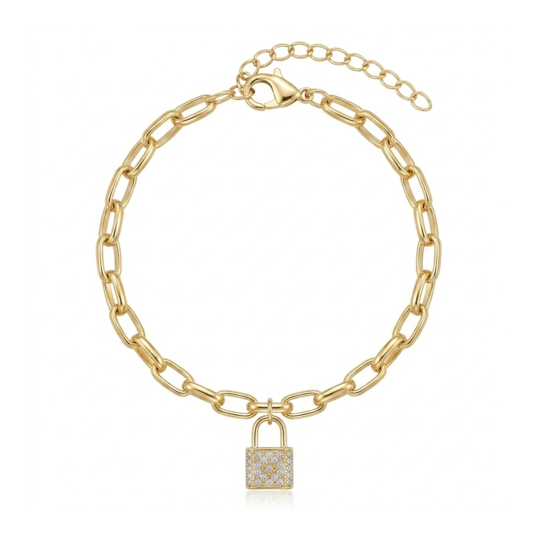 Pulseira de elos ovais com pingente de cadeado folheada a ouro 18k