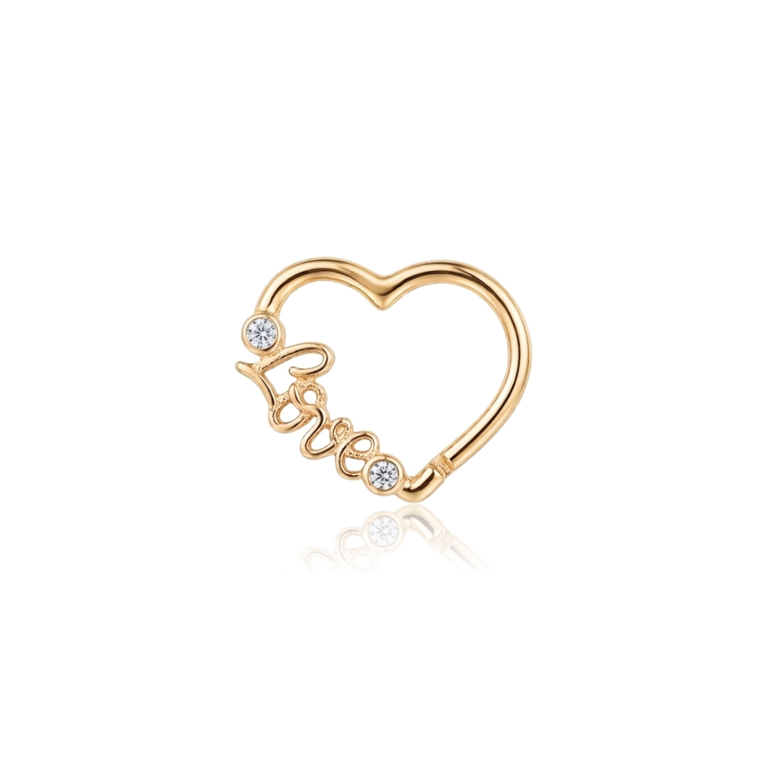 Piercing helix ou daith coração com escrita love e zircônias folheado a ouro 18k