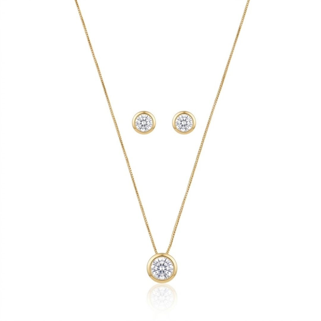 Conjunto colar e brincos ponto de luz redondo de zircônia em cravação inglesa folheado a ouro 18k