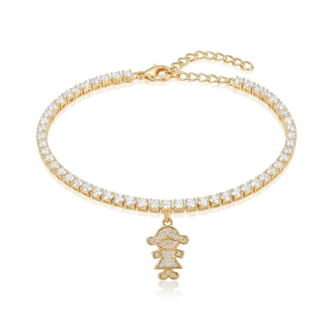 Pulseira riviera com pingente de menina e zircônias folheada a ouro 18k