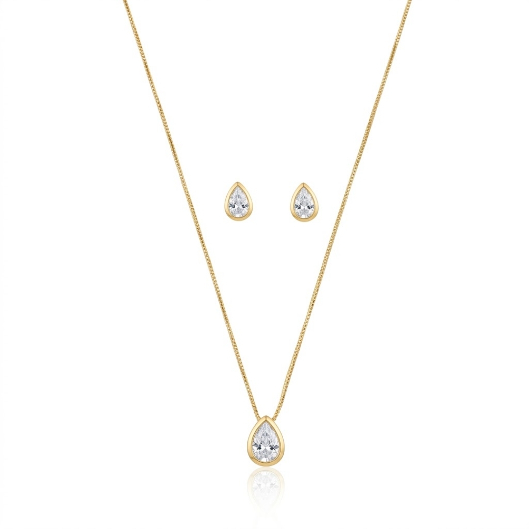 Conjunto colar e brincos gota de zircônia em cravação inglesa folheado a ouro 18k