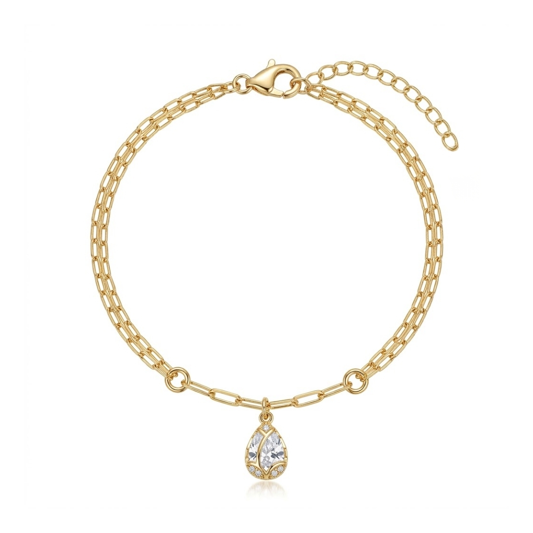Pulseira de corrente dupla com pingente gota de zircônia folheada a ouro 18k