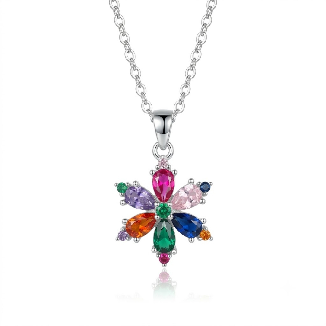 Gargantilha com pingente de flor de zircônias coloridas folheada a prata