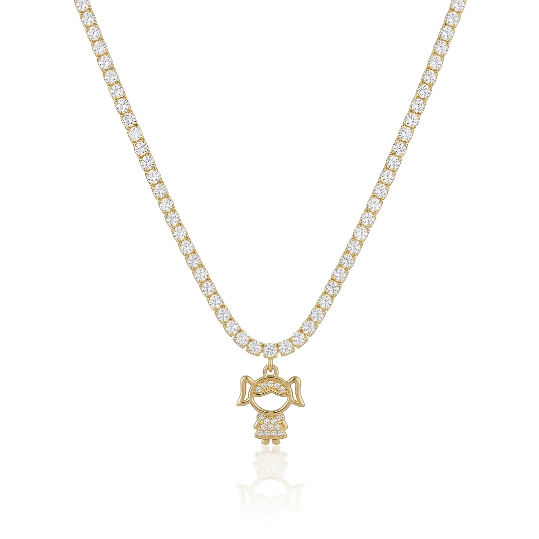 Gargantilha riviera com pingente de menina e zircônias folheada a ouro 18k