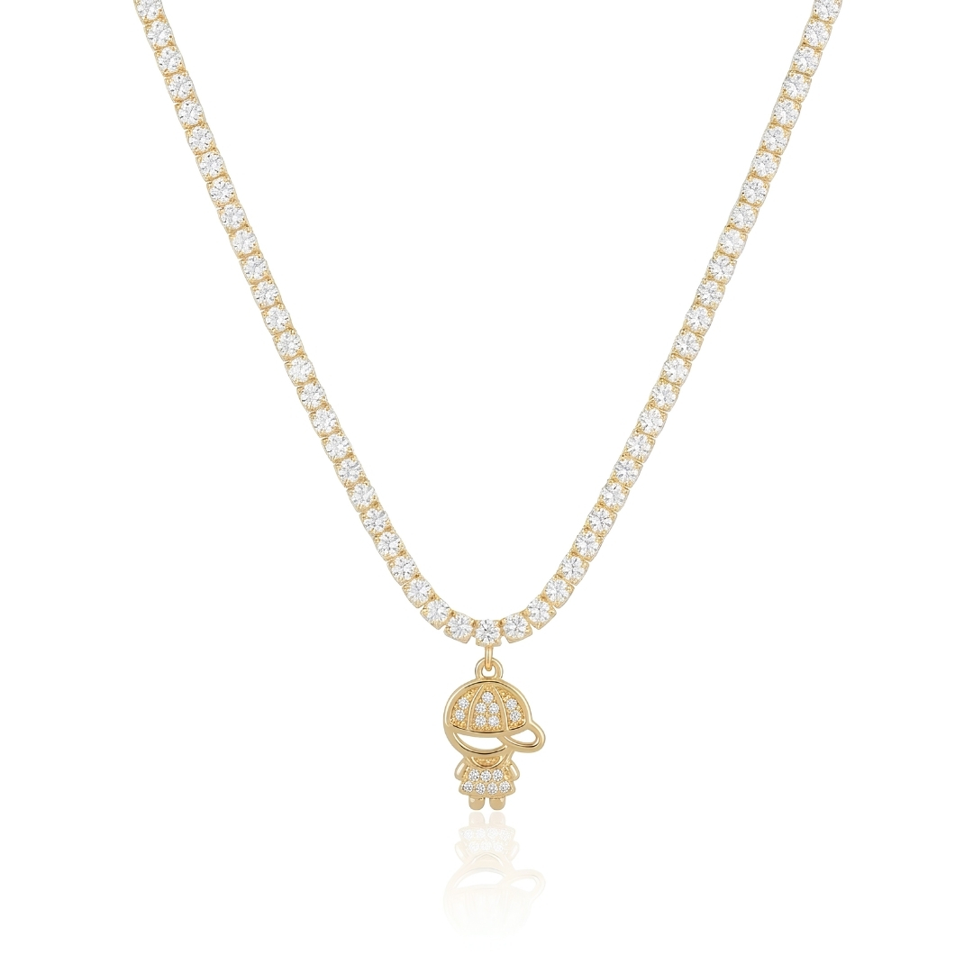 Gargantilha riviera com pingente de menino e zircônias folheada a ouro 18k