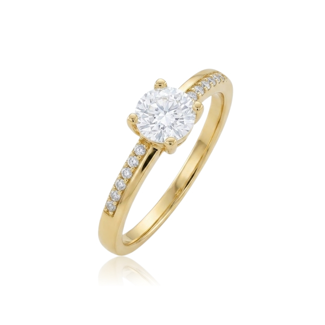 Anel solitário com zircônia e laterais cravejadas folheado a ouro 18k