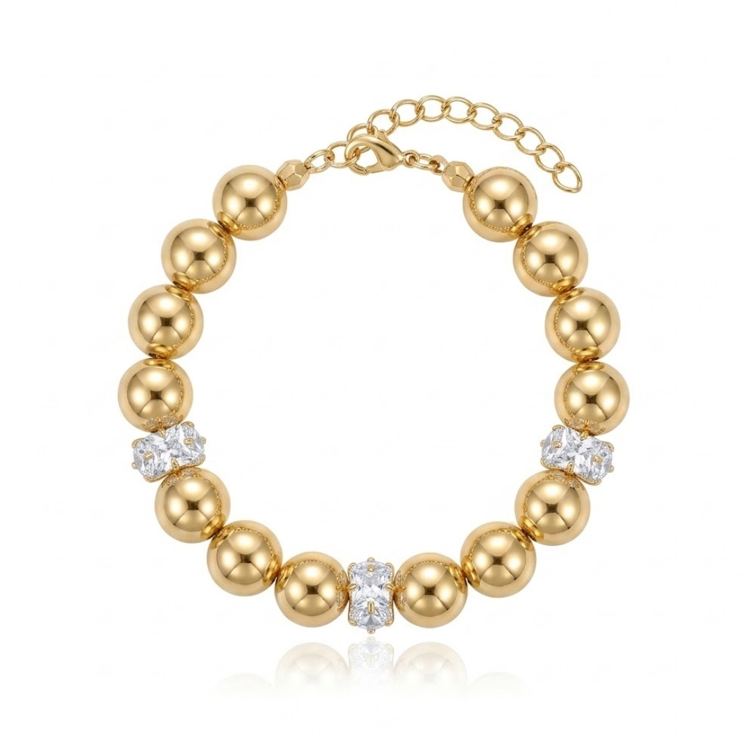 Pulseira de esferas lisas com zircônias retangulares folheada a ouro 18k