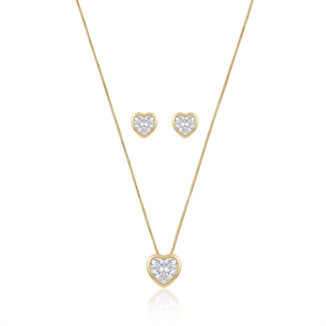 Conjunto colar e brincos coração de zircônia em cravação inglesa folheado a ouro 18k