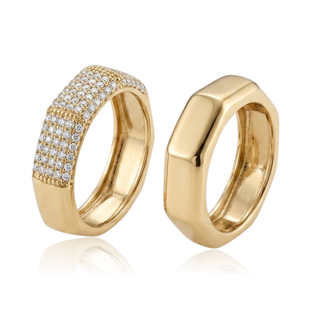 Dupla de anéis geométricos liso e cravejado folheado a ouro 18k