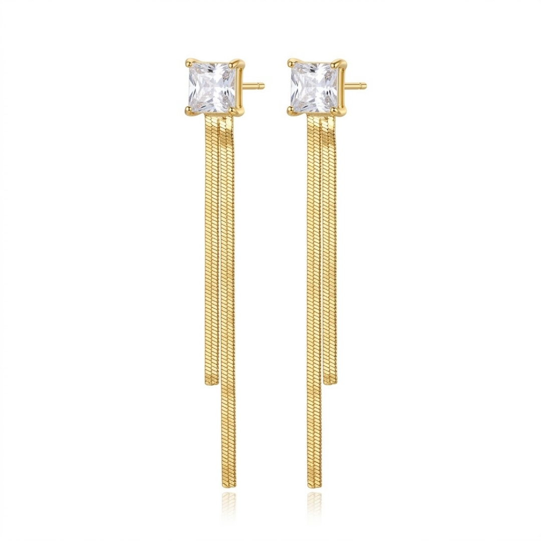 Brinco 2 em 1 ponto de luz quadrado com franjas de corrente folheado a ouro 18k