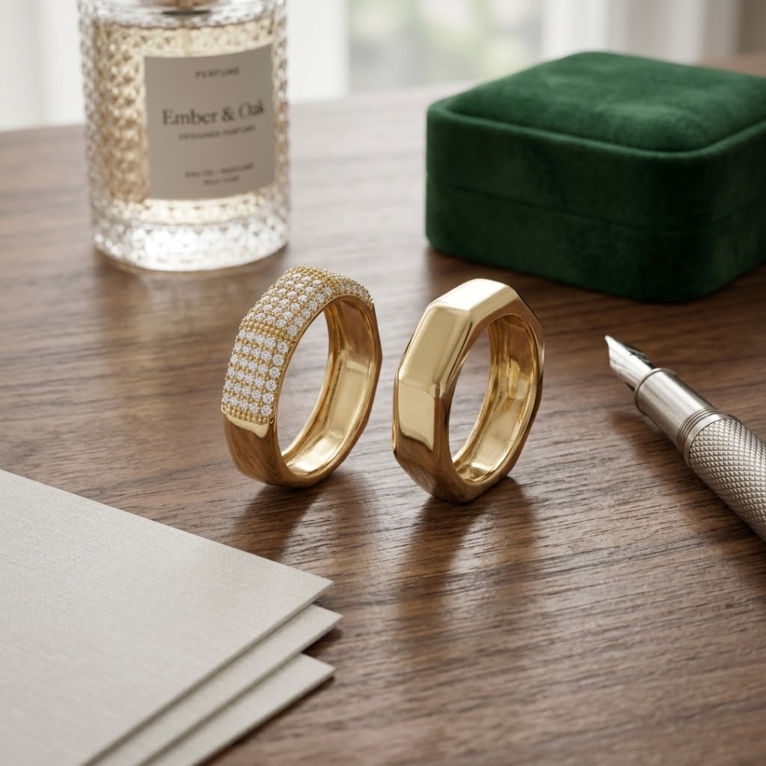 Dupla de anéis geométricos liso e cravejado folheado a ouro 18k