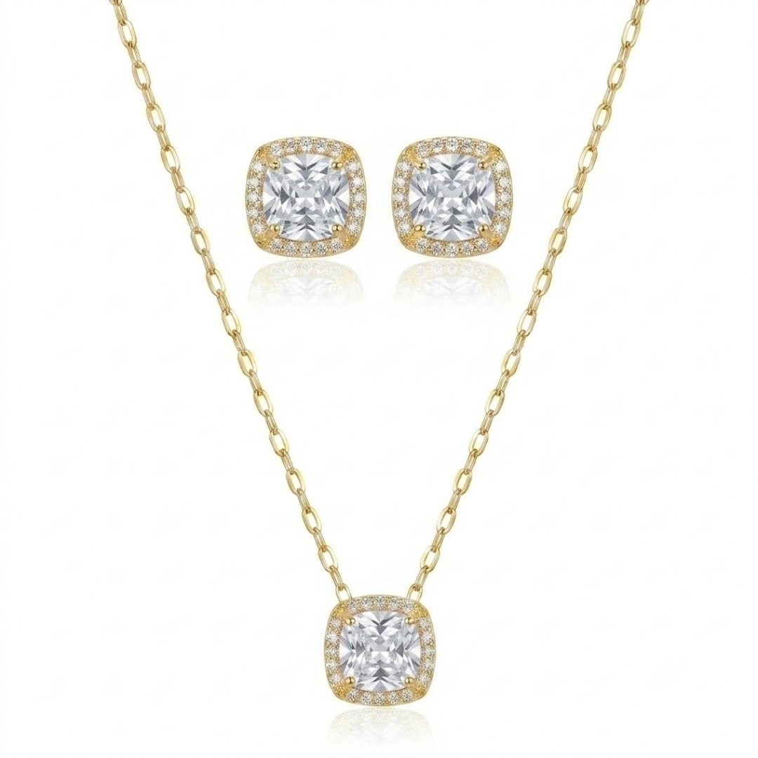 Conjunto colar e brincos com zircônia quadrada folheado a ouro 18k
