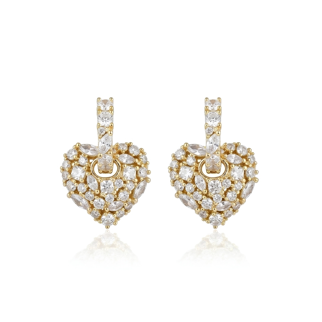 Brinco 2 em 1 argola com pingente de coração cravejado de zircônias folheado a ouro 18k