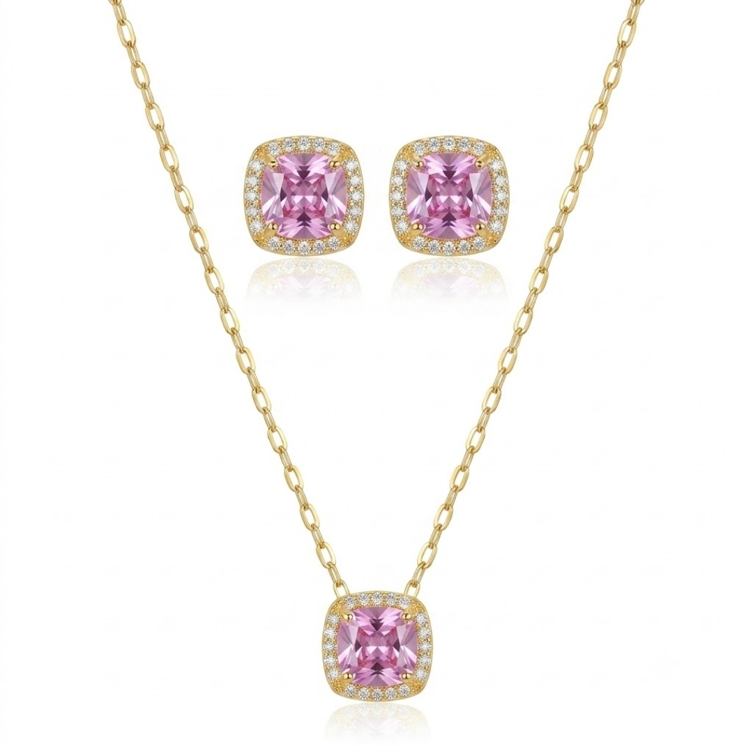 Conjunto colar e brincos com zircônia rosa quadrada folheado a ouro 18k