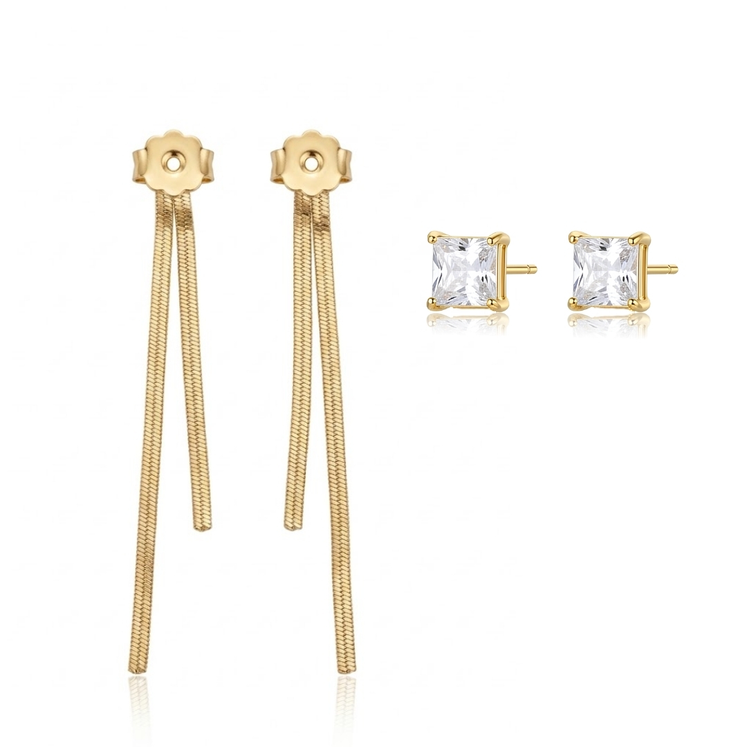 Brinco 2 em 1 ponto de luz quadrado com franjas de corrente folheado a ouro 18k