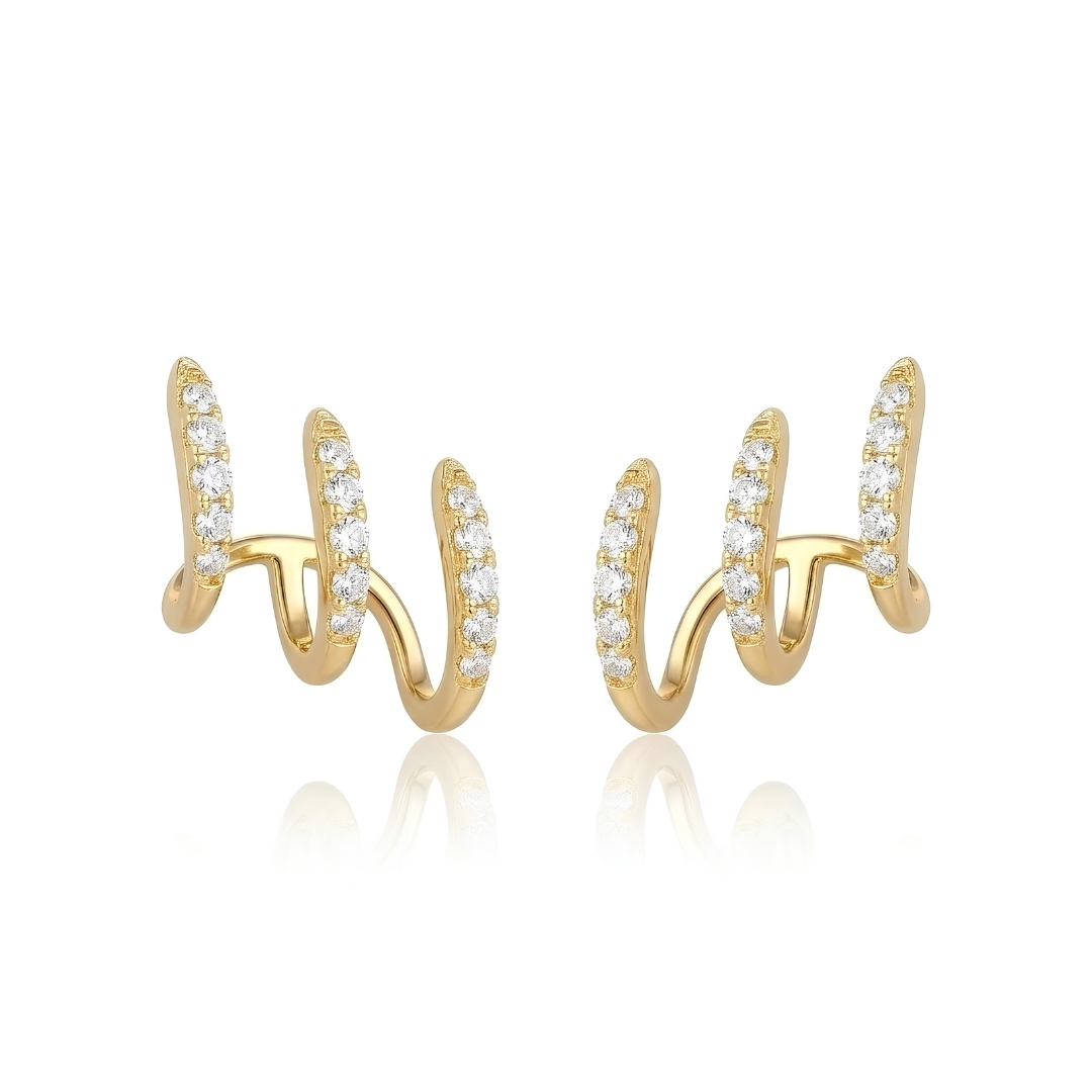 Brinco efeito três furos com zircônias cravejadas folheado a ouro 18k