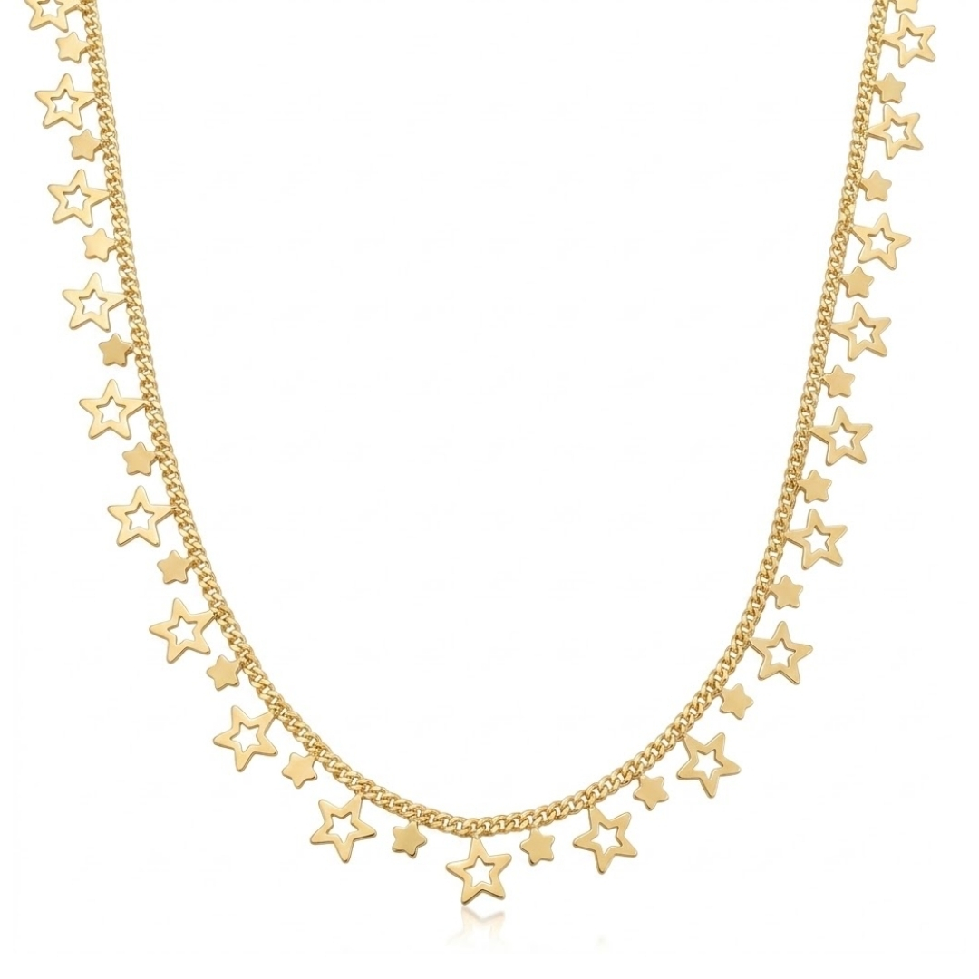 Gargantilha groumet com pingentes de estrelas vazadas e lisas folheada a ouro 18k  Descrição principal